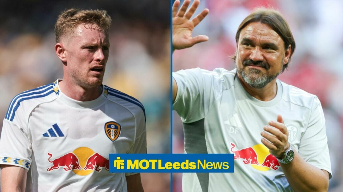 A split image as Leeds United star Sean Longstaff glances across at manager Daniel Farke, who smiles and waves at him from the right half of the im...
