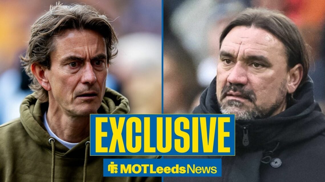Leeds United boss Daniel Farke looking baffled, Thomas Frank looking angry.