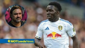 Leeds star Willy Gnonto in action, Daniel Farke looking miserable.