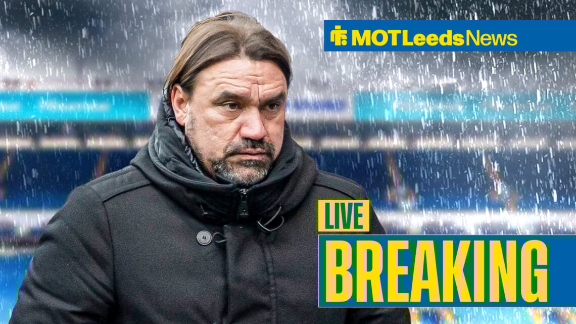 Leeds manager Daniel Farke looks dejected in the rain at Elland Road.