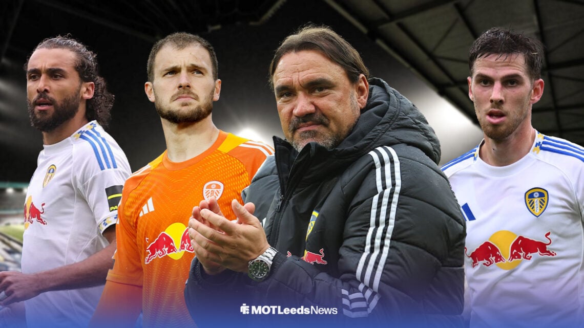 Daniel Farke centreal, with Dominic Calvert-Lewin, Lucas Perri and Anton Stach
