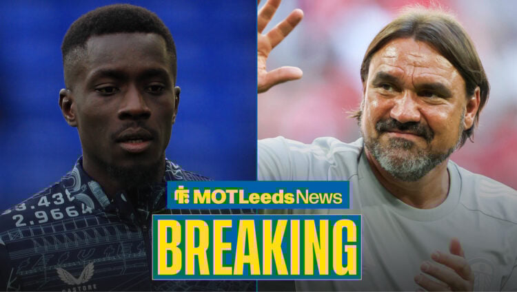 Idrissa Gana Gueye wearing an Everton training kit. To his right is Leeds manager Daniel Farke smiling and waving.