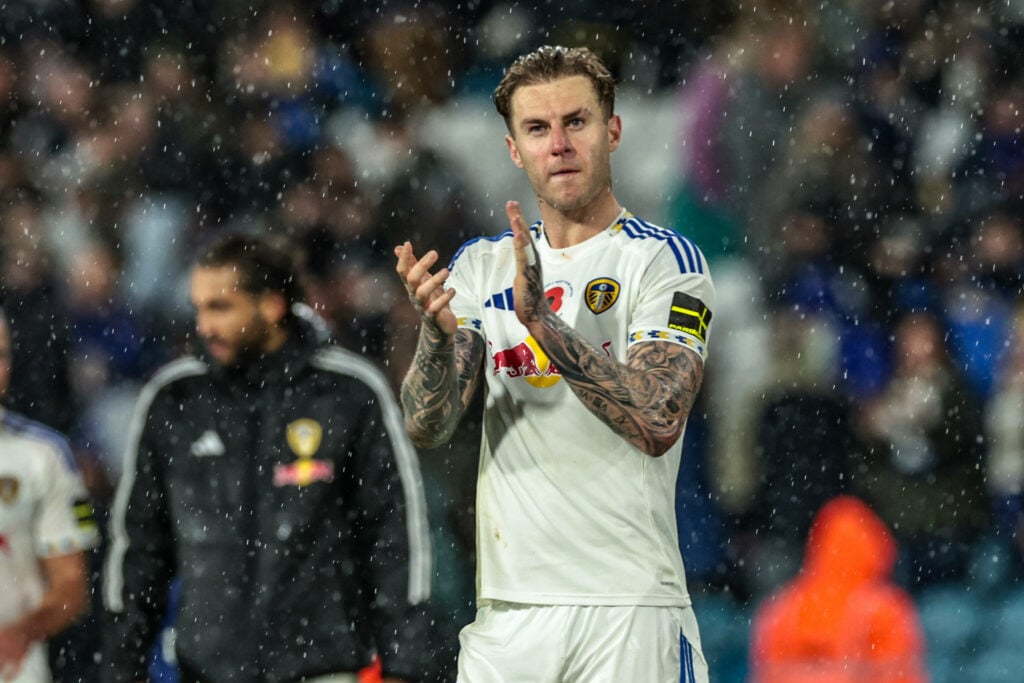 Joe Rodon applauds Leeds fans after a win over West Ham at Elland Road.