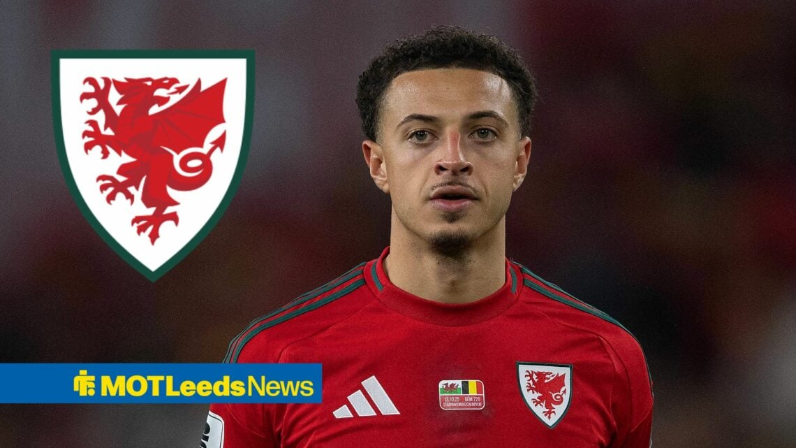 Ethan Ampadu in action for Wales, with a Wales badge alongside him