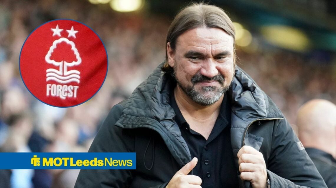 Daniel Farke smiling with Nottingham Forest badge in circle