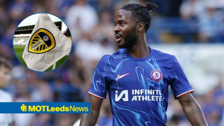 Raheem Sterling looking at Leeds flag in circle