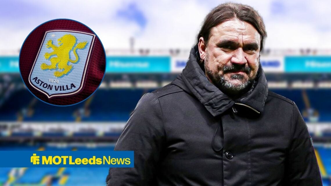 Leeds United manager Daniel Farke with Aston Villa badge inset