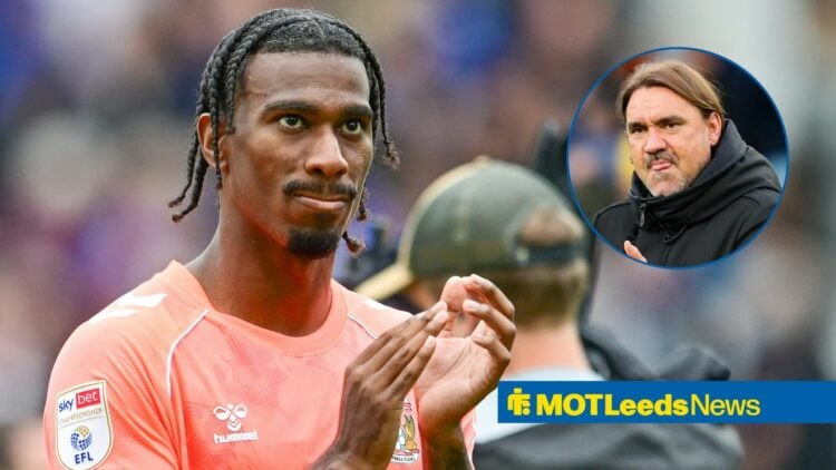 Hagi Wright applauds Coventry fans, with Daniel Farke in a circular frame inset