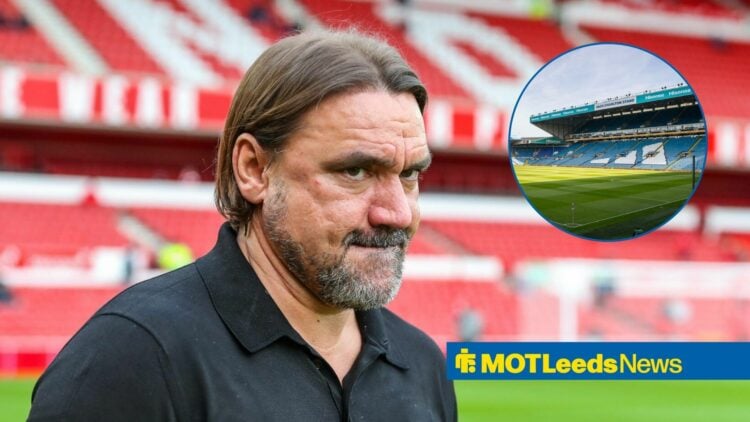 Daniel Farke looks concerned, with Elland Road in a circular frame inset