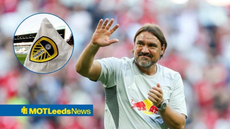Daniel Farke waves towards a circular inset of a Leeds United badge