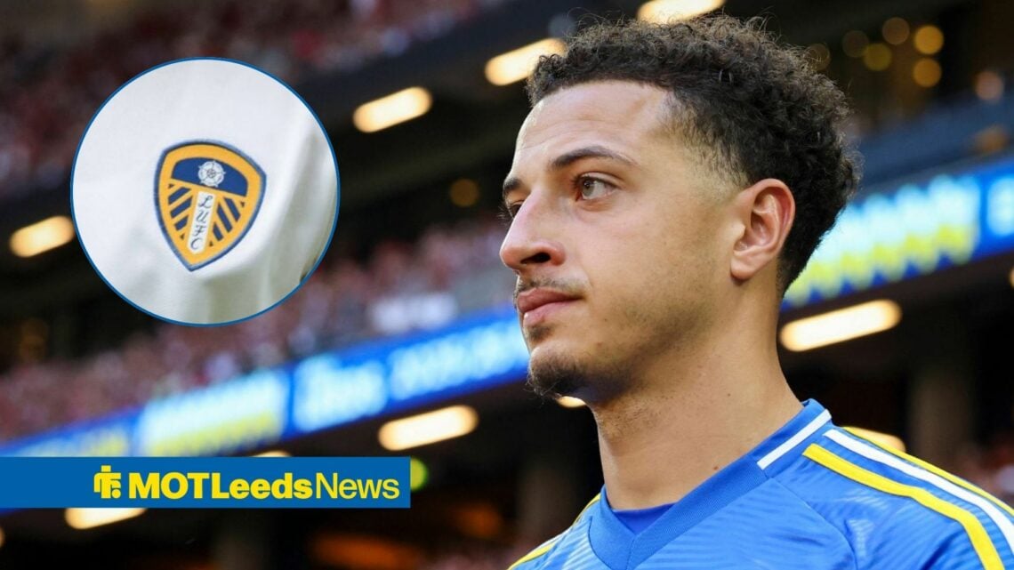 Ethan Ampadu with Leeds badge in frame