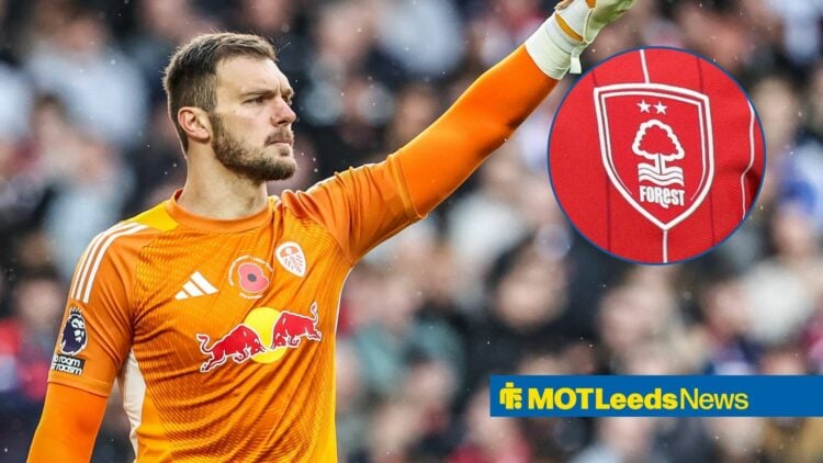 Lucas Perri playing for Leeds with Nottingham Forest badge in frame
