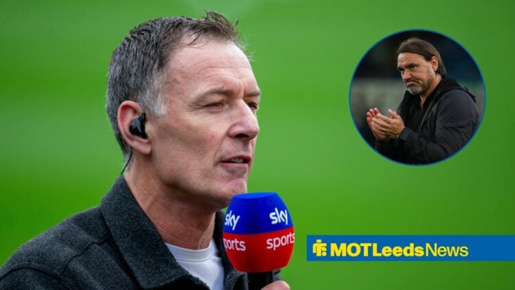 Chris Sutton looking at Daniel Farke while speaking into a Sky Sports microphone.
