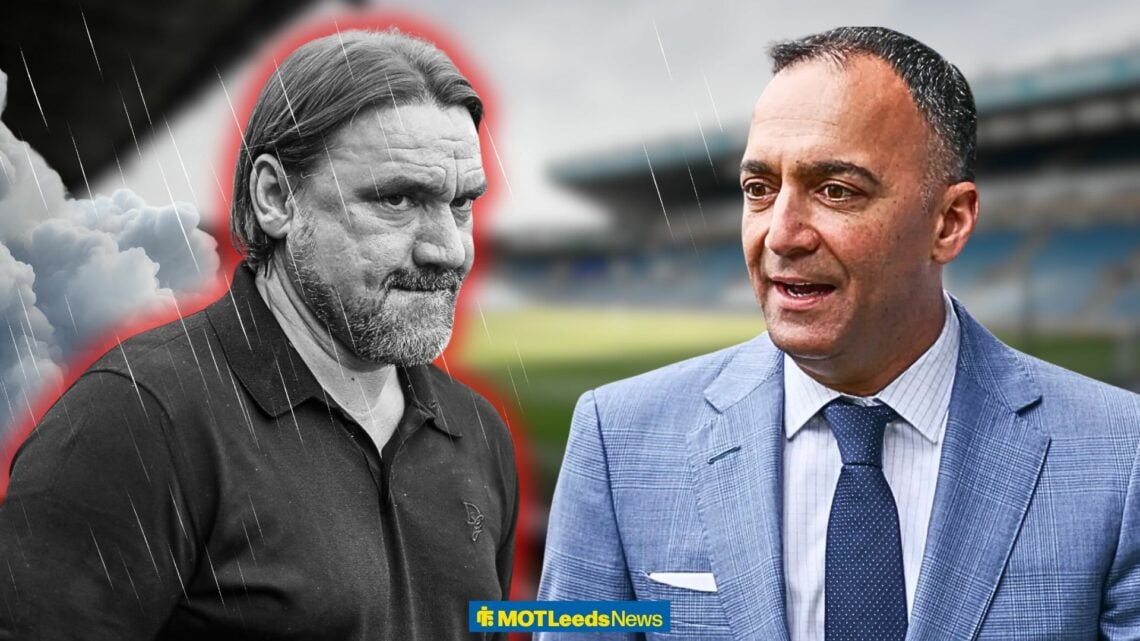 Daniel Farke looking sad with Paraag Marathe at Elland Road