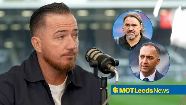 Ross McCormack speaking on a podcast looking towards Daniel Farke and Paraag Marathe in circle insets