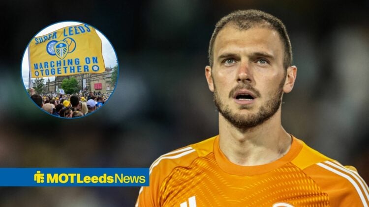 Lucas Perri alongside a circle inset of Leeds fans.