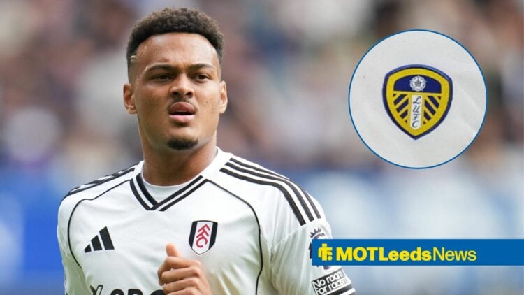 Rodrigo Muniz at Fulham with Leeds badge in frame