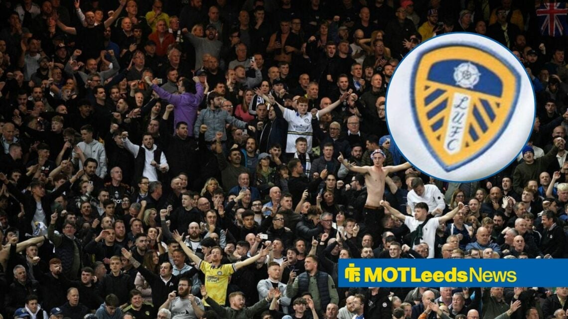 Leeds fans alongside a circle inset of the Leeds badge.