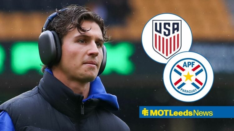 Brenden Aaronson at Leeds United looking towards a USMNT and Paraguay logo in circle insets