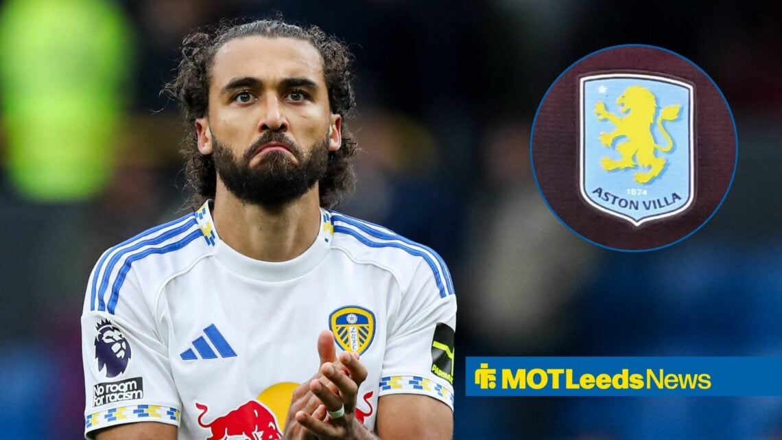 Dominic Calvert-Lewin clapping in a Leeds United shirt looking towards an Aston Villa badge in a circle inset
