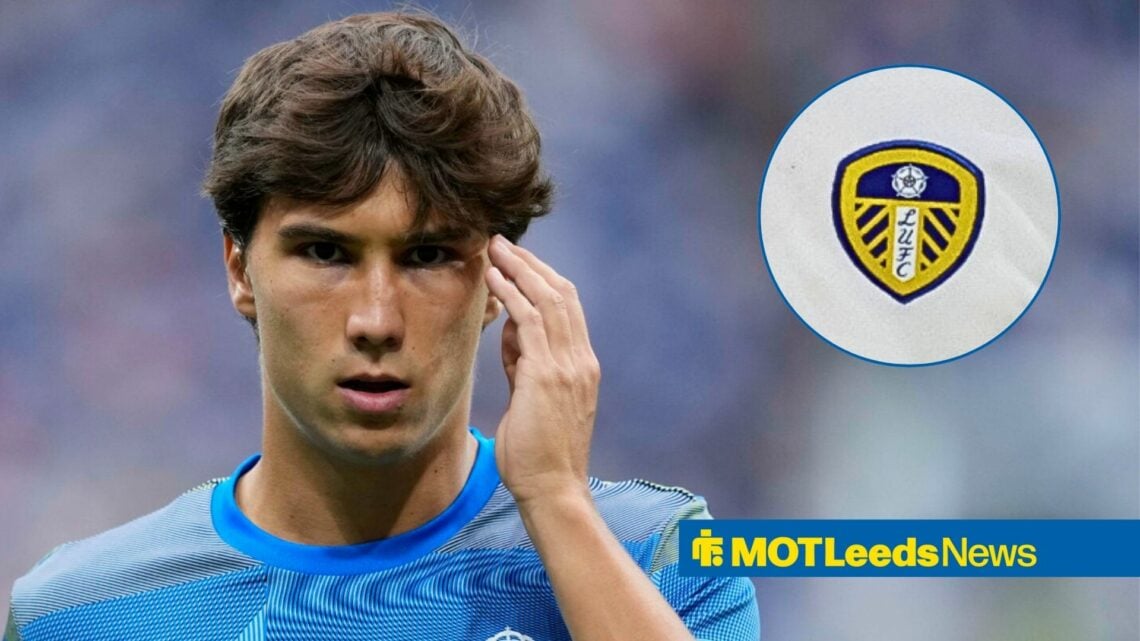 Gonzalo Garcia looking on with Leeds badge in frame