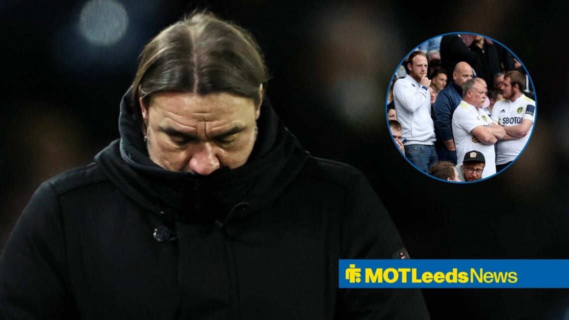 Daniel Farke looking sad and down away from annoyed Leeds United fans in a circle inset