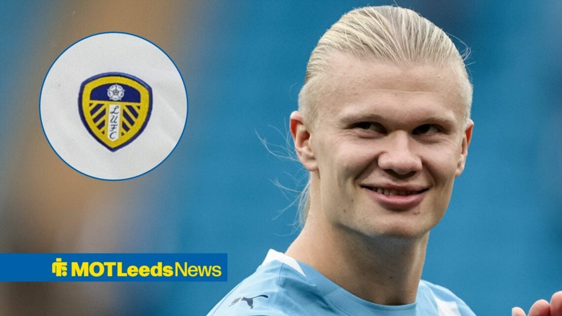 Erling Haaland smiling with Leeds badge in frame