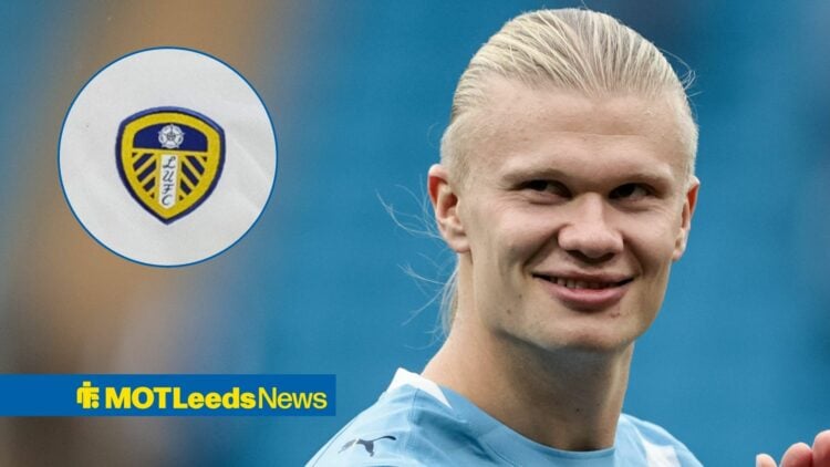 Erling Haaland smiling with Leeds badge in frame