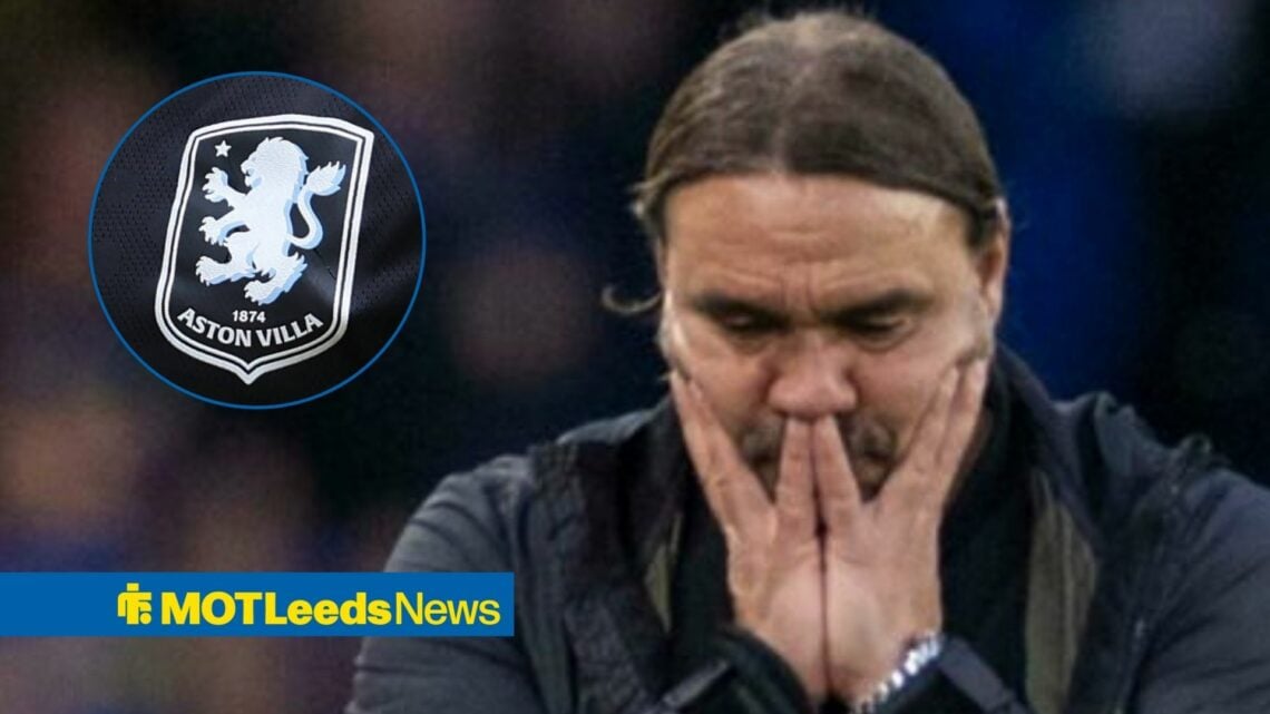 Daniel Farke with his head in his hands and Aston Villa badge in frame