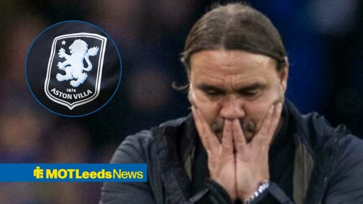 Daniel Farke with his head in his hands and Aston Villa badge in frame