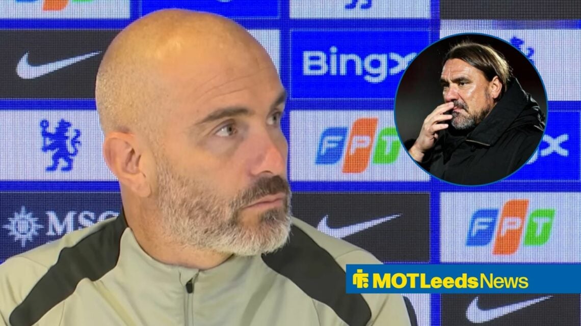 Enzo Maresca speaking in a Chelsea press conference looking towards Daniel Farke in a circle inset