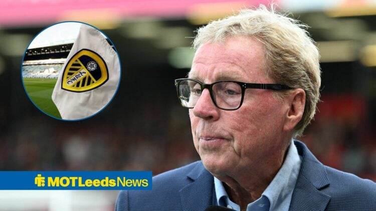 Harry Redknapp looking towards a circle inset of a Leeds United flag at Elland Road
