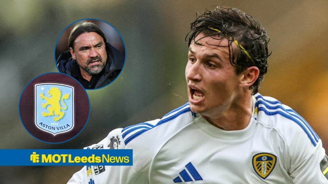 Brenden Aaronson playing for Leeds United looking towards circle insets of Daniel Farke and the Aston Villa badge