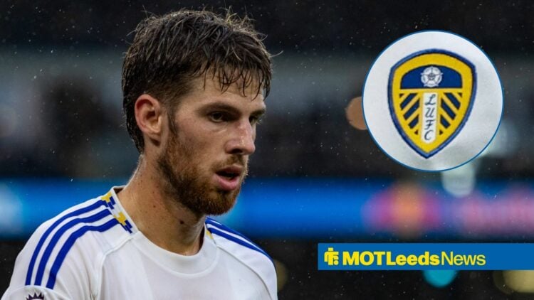 Anton Stach playing for Leeds United looking towards a circle inset of the Leeds United badge