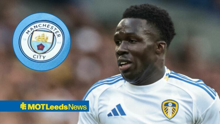 Wilfried Gnonto playing for Leeds United looking towards a Manchester City badge in a circle inset
