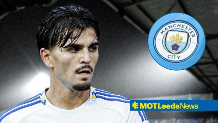 Pascal Struijk playing for Leeds United looking annoyed towards a circle inset of the Manchester City badge