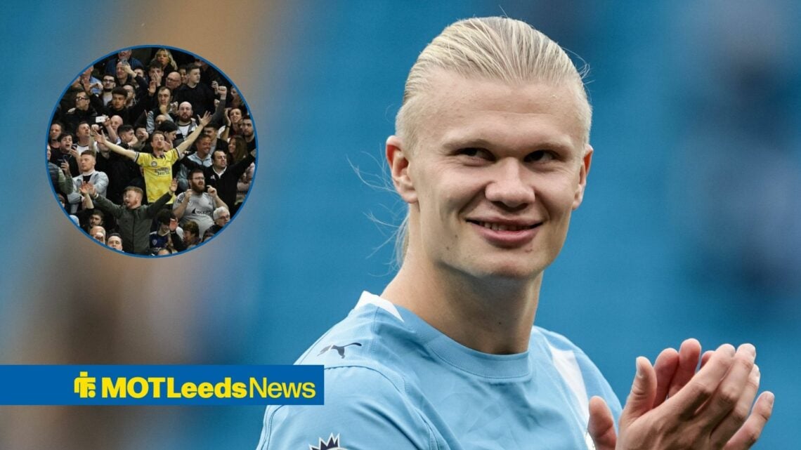 Erling Haaland looking at the Leeds United fans.