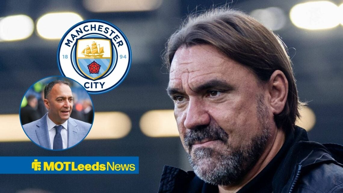 Daniel Farke looking ponderous in the direction of Paraag Marathe and the Manchester City badge.