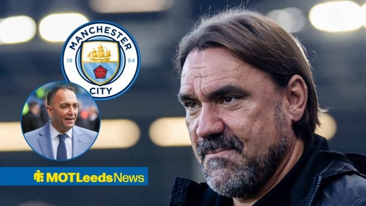 Daniel Farke looking ponderous in the direction of Paraag Marathe and the Manchester City badge.
