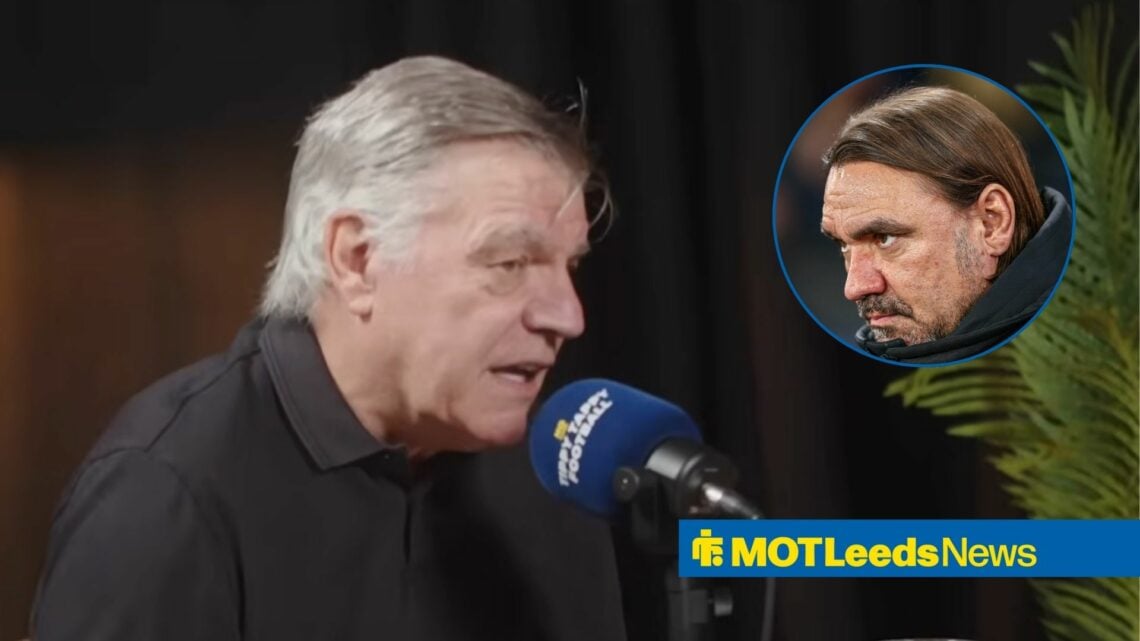 Sam Allardyce speaks into a microphone, with Daniel Farke in a circular frame inset
