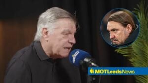 Sam Allardyce speaks into a microphone, with Daniel Farke in a circular frame inset