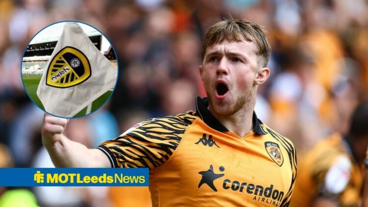 Joe Gelhardt celebrating with Leeds flag in circle
