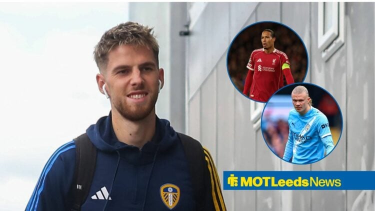 Anton Stach looking at Virgil van Dijk and Erling Haaland in circles