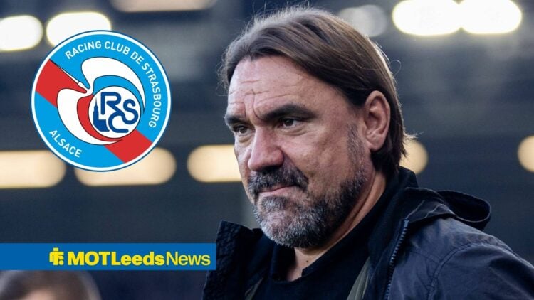 Daniel Farke looking at Strasbourg badge in circle