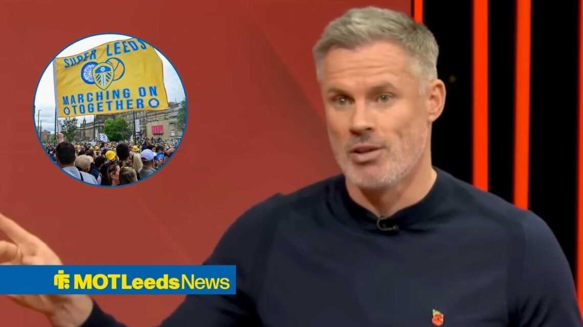 Jamie Carragher looking and pointing towards a circle inset of Leeds United fans