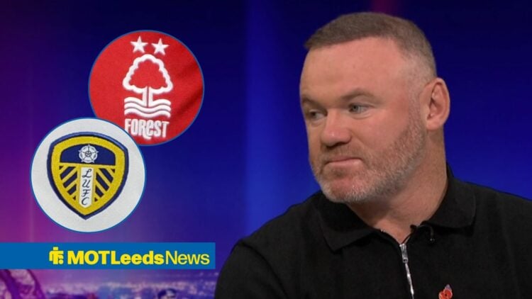 Wayne Rooney speaking on Match of the Day looking towards circle insets of Leeds United and Nottingham Forest badge