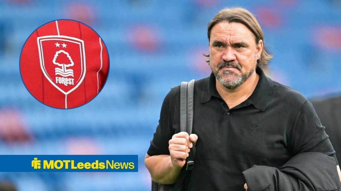 Daniel Farke alongside a circle inset of the Nottingham Forest badge.
