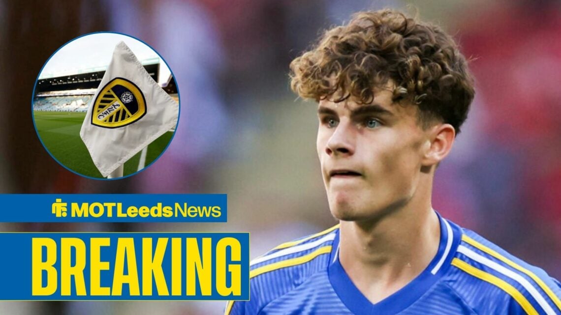 Harry Gray playing for Leeds United looking towards a circle inset of Elland Road and a Leeds United flag