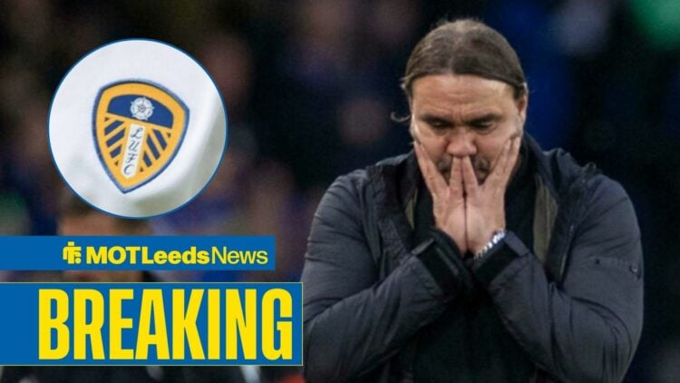 Daniel Farke with his head in his hands and Leeds badge in frame