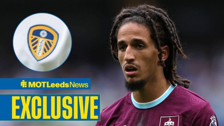 Hannibal Mejbri with Leeds badge in frame